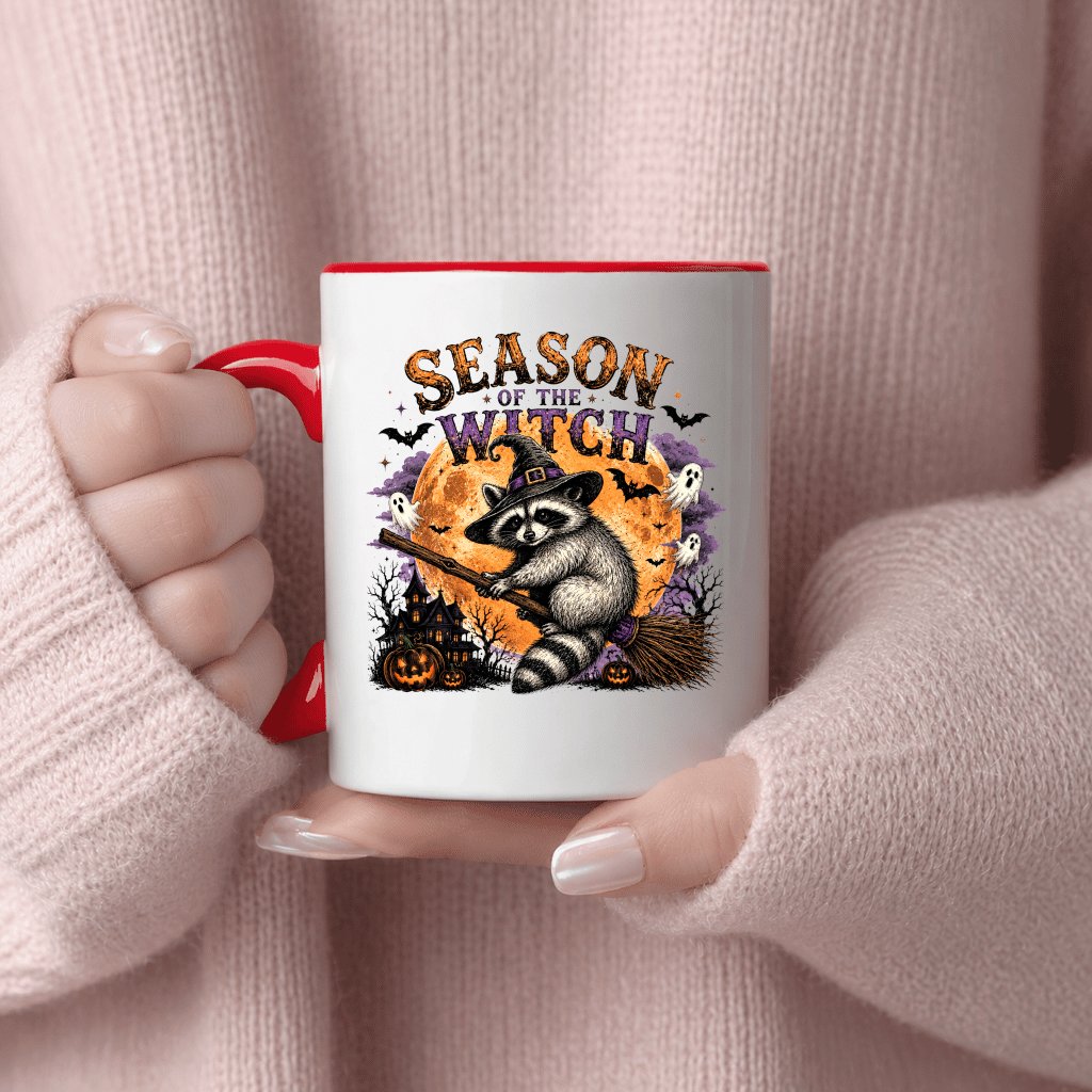 Retro Season Of The Witch Halloween Raccoon Accent Mug| Funny Halloween Gift for Her - detail view