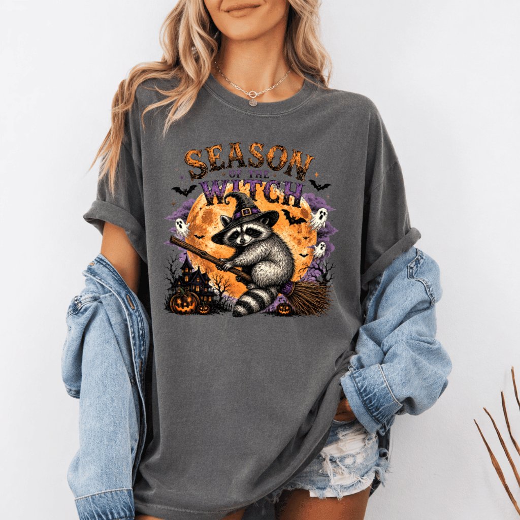 Comfort Colors Retro Season Of The Witch Raccoon Halloween Shirt | Funny Halloween Gift for Her - back view