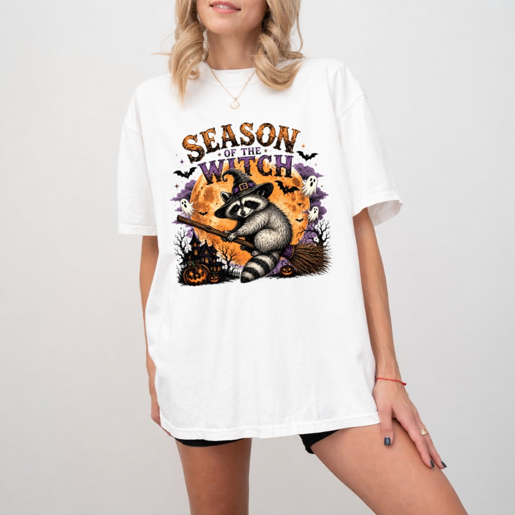 Comfort Colors Retro Season Of The Witch Raccoon Halloween Shirt | Funny Halloween Gift for Her - detail view