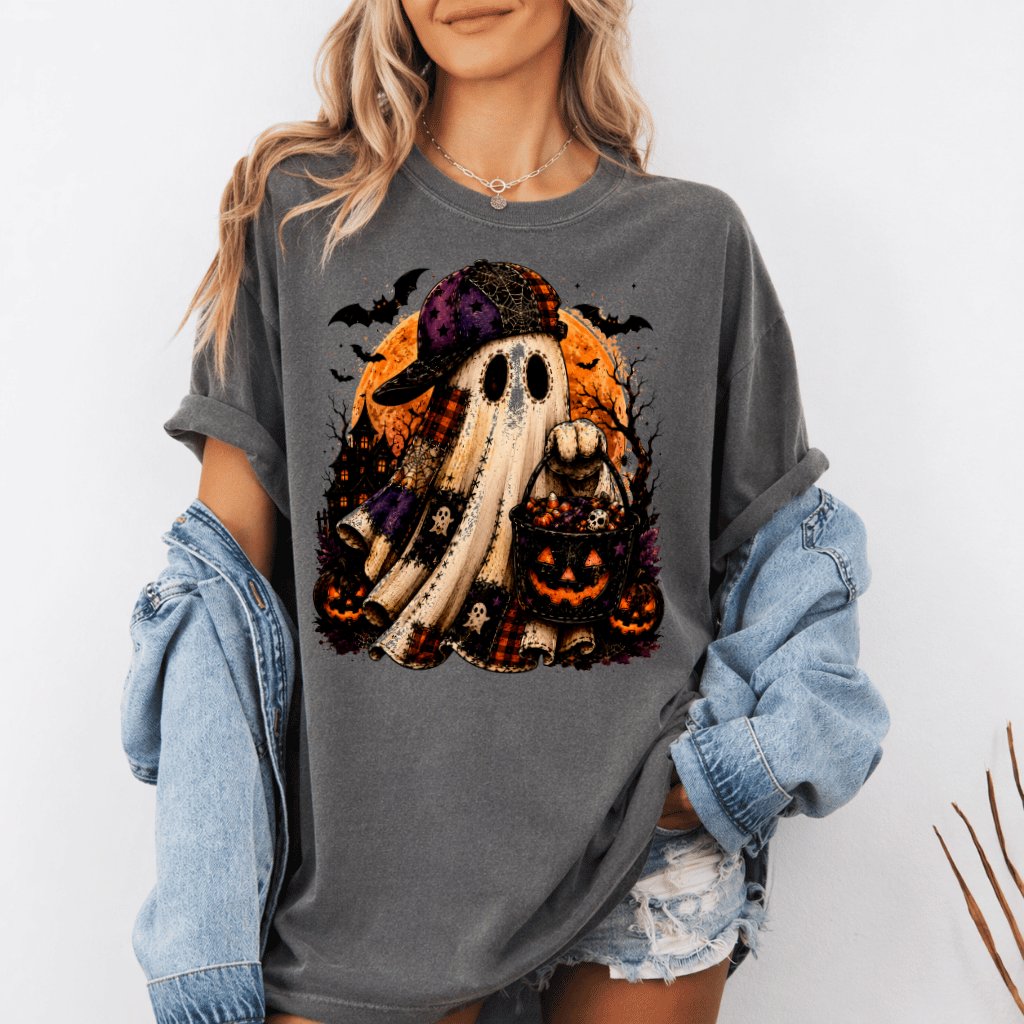 Comfort Colors Halloween Boo Shirt for Women| Funny Pumpkin Candy Bucket Halloween Gift Streetwear - back view