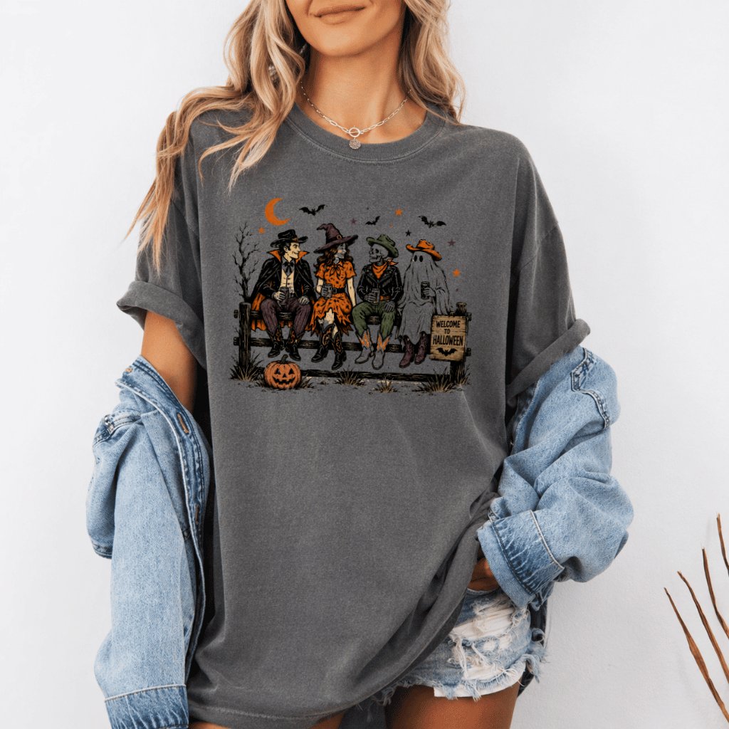 Comfort Colors Spooky Cowboy Friends Western Halloween Shirt | Funny Gift for Halloween Party - detail view