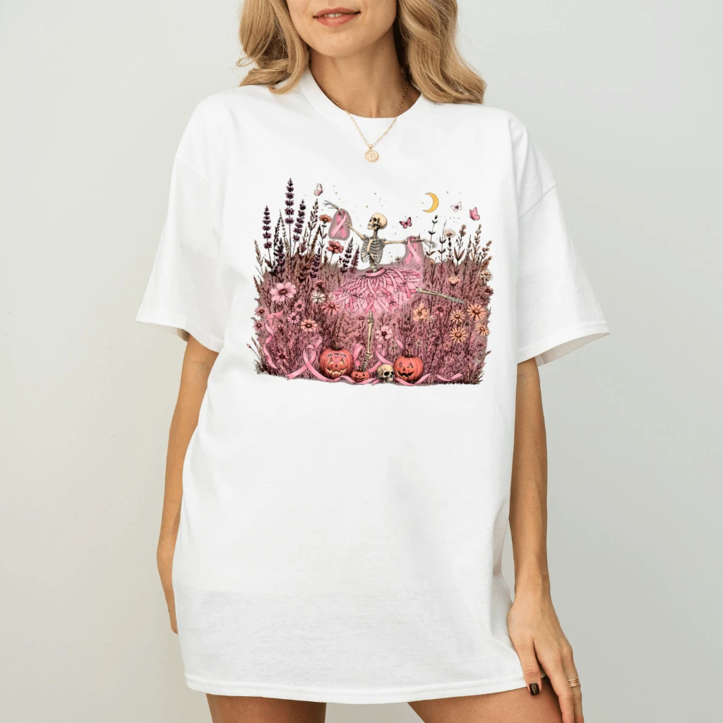Skeleton Dancing Pink Ribbons Breast Cancer Awareness T-shirt| Wildflower Pink Halloween Gift for Her - back view