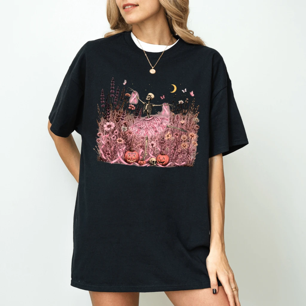Skeleton Dancing Pink Ribbons Breast Cancer Awareness T-shirt| Wildflower Pink Halloween Gift for Her - detail view