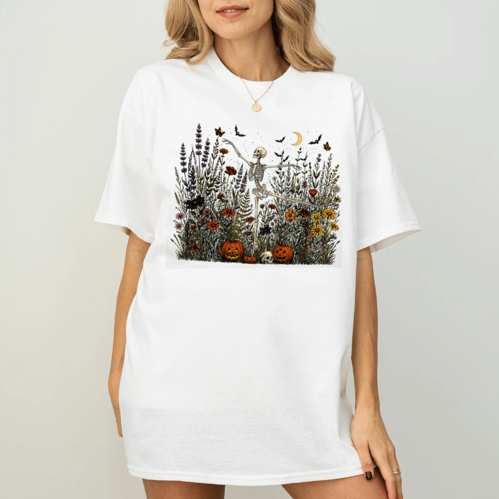 Skeleton Dancing In Wildflower Garden Funny Halloween T-shirt| Halloween Skeleton Gift for Her - back view