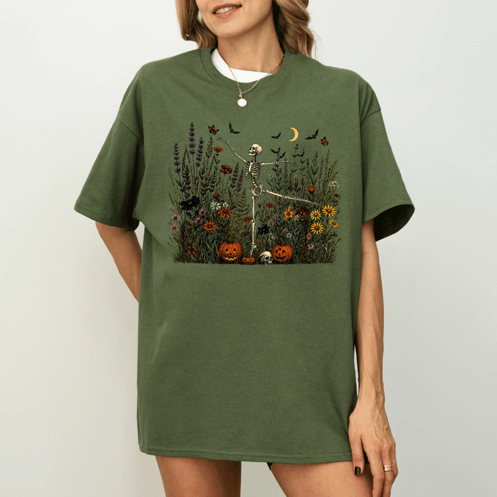 Skeleton Dancing In Wildflower Garden Funny Halloween T-shirt| Halloween Skeleton Gift for Her - detail view