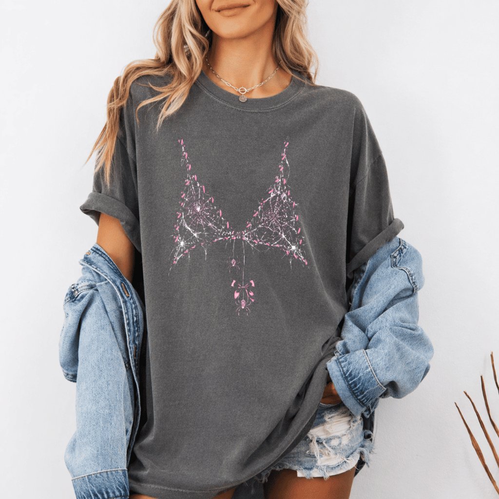 Comfort Colors Pink Ribbon Spider Web Bra Funny Halloween Shirt| Pink Halloween Gift for Breast Cancer Fighters - detail view