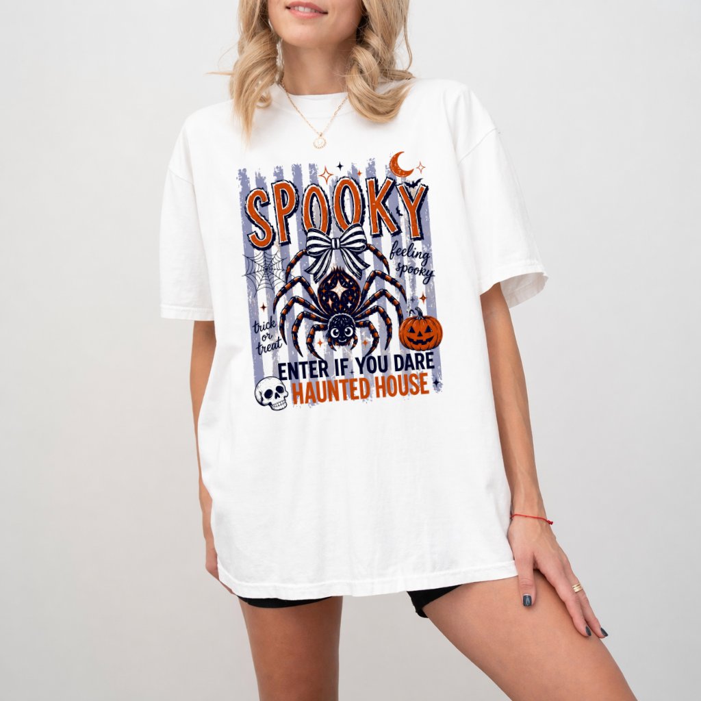 Comfort Colors Spooky Spider Haunted House Halloween Shirt| Spooky Season Halloween Gift for Her - back view