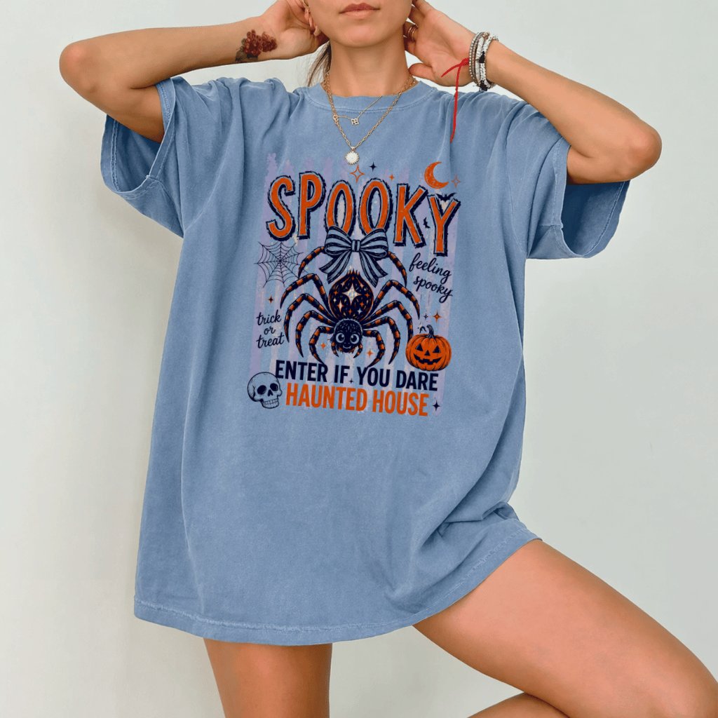 Comfort Colors Spooky Spider Haunted House Halloween Shirt| Spooky Season Halloween Gift for Her - detail view