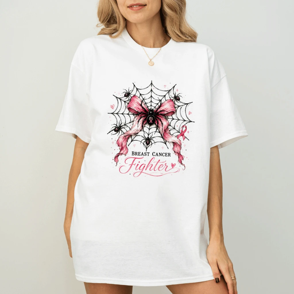 Pink Ribbon Breast Cancer Fighter T-shirt| Spider Web Pink Halloween Gift for Her - back view
