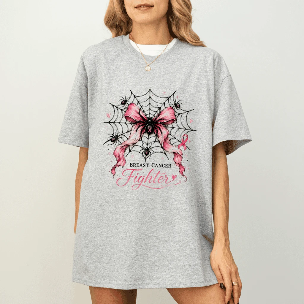 Pink Ribbon Breast Cancer Fighter T-shirt| Spider Web Pink Halloween Gift for Her - detail view