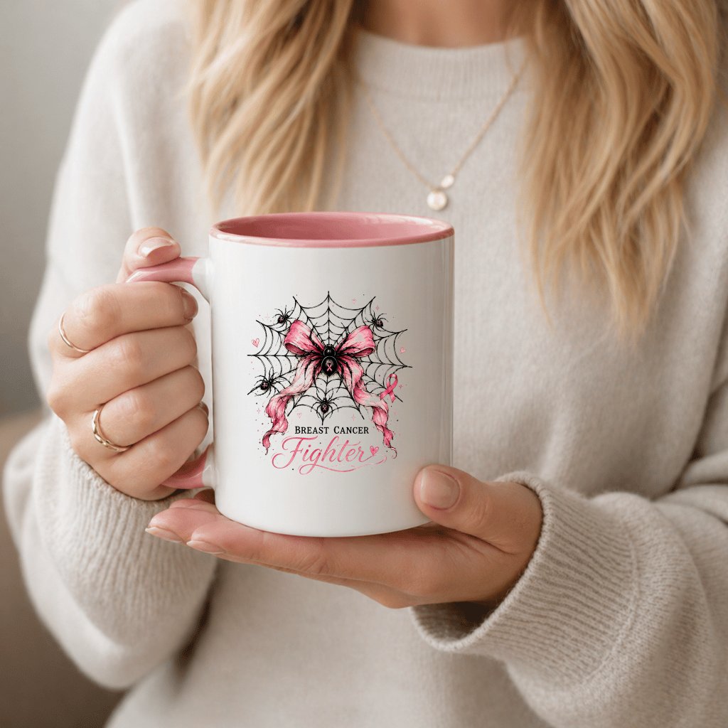 Breast Cancer Fighter Spider Web Pink Halloween Accent Mug| Spooky Halloween Gift for Her - back view