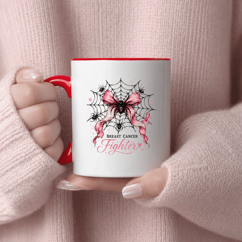 Breast Cancer Fighter Spider Web Pink Halloween Accent Mug| Spooky Halloween Gift for Her - detail view