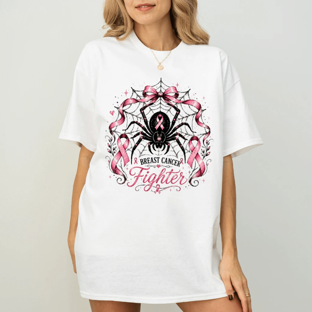 Pink Ribbon Breast Cancer Fighter T-shirt | Pink Halloween Spider Web Gift for Breast Cancer Awareness - back view