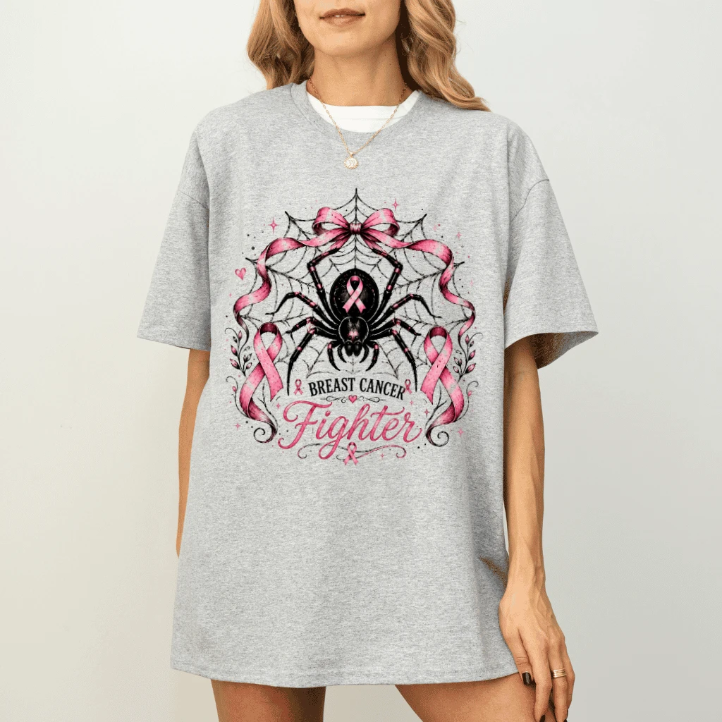 Pink Ribbon Breast Cancer Fighter T-shirt | Pink Halloween Spider Web Gift for Breast Cancer Awareness - detail view