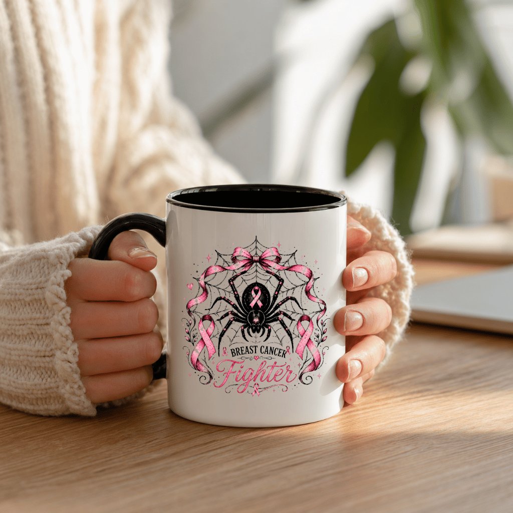 Spider Web Pink Ribbon Breast Cancer Fighter Accent Mug | Pink Halloween Gift for Breast Cancer Awareness - back view