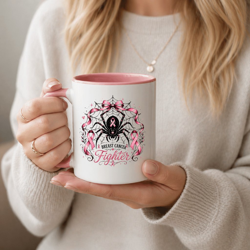 Spider Web Pink Ribbon Breast Cancer Fighter Accent Mug | Pink Halloween Gift for Breast Cancer Awareness - detail view