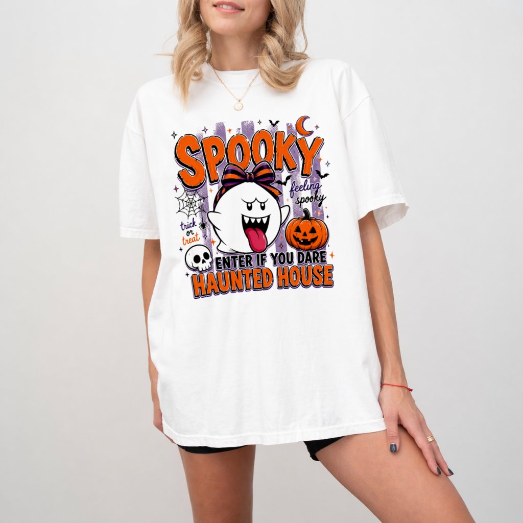 Comfort Colors Cute Spooky Halloween Boo Shirt| Spooky Vibes Gift for women on Halloween Party - back view