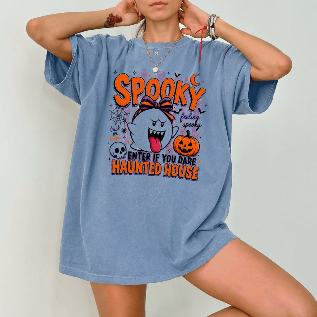 Comfort Colors Cute Spooky Halloween Boo Shirt| Spooky Vibes Gift for women on Halloween Party - detail view