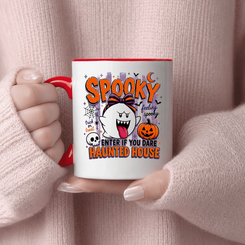 Cute Spooky Halloween Boo Accent Mug| Spooky Vibes Drinkware Gift for women on Halloween Party - back view