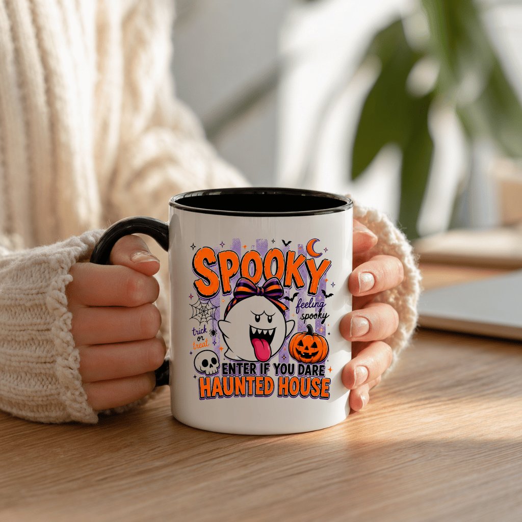 Cute Spooky Halloween Boo Accent Mug| Spooky Vibes Drinkware Gift for women on Halloween Party - detail view
