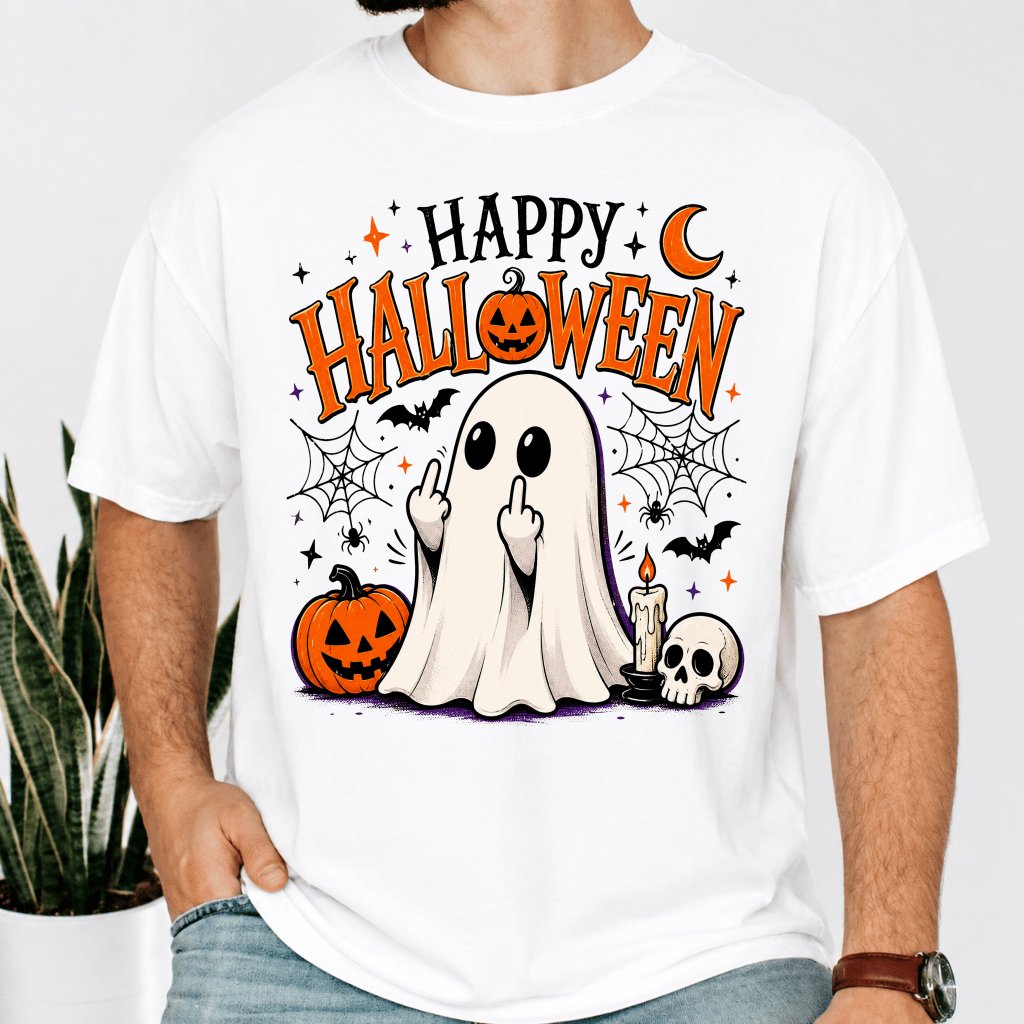 Comfort Colors Happy Halloween Figurine-Spooky Ghost Shirt| Funny Halloween Gift for Him & Her - back view