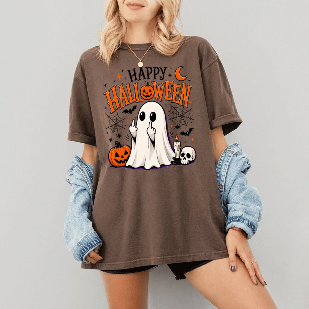 Comfort Colors Happy Halloween Figurine-Spooky Ghost Shirt| Funny Halloween Gift for Him & Her - detail view
