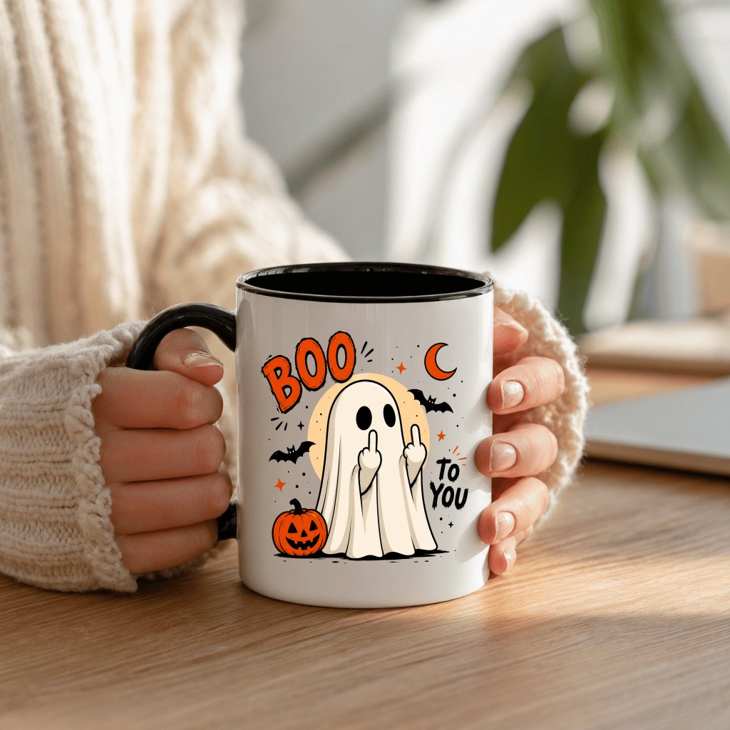 Boo To You Funny Halloween Ghost Accent Mug| Spooky Halloween Gift for Him & Her - back view