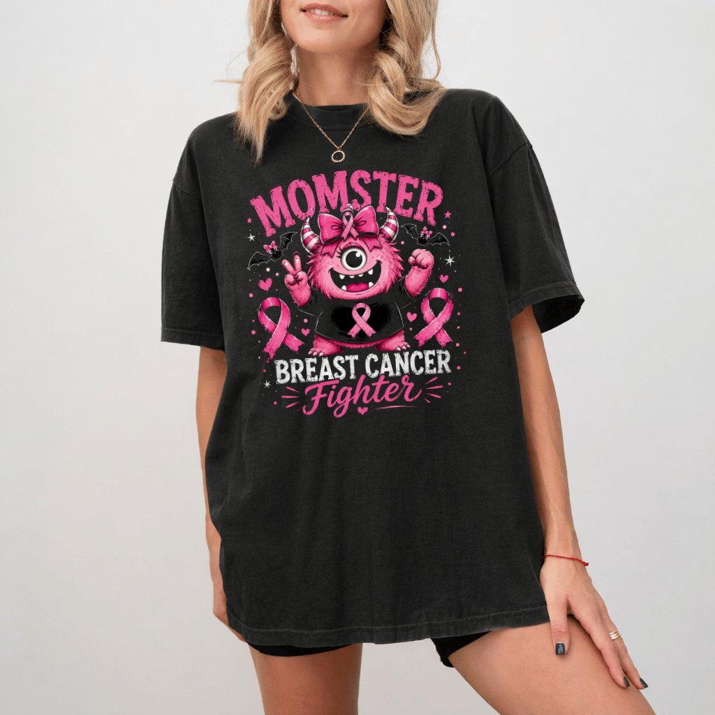 Comfort Colors Pink Halloween Momster Breast Cancer Fighter Shirt| Funny Halloween Gift for Her - back view