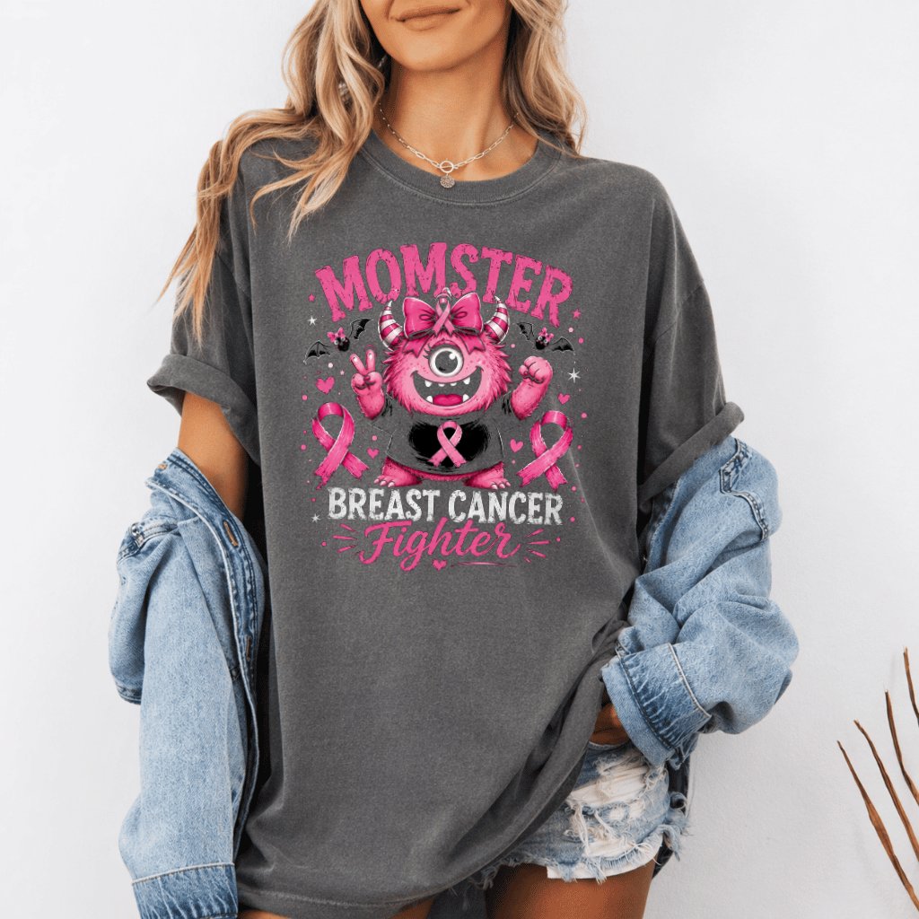 Comfort Colors Pink Halloween Momster Breast Cancer Fighter Shirt| Funny Halloween Gift for Her - detail view