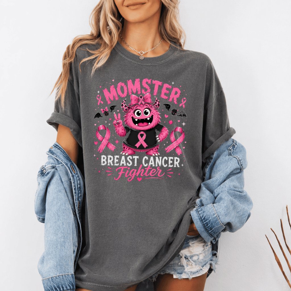 Comfort Colors Retro Pink Momster Breast Cancer Awareness Shirt| Funny Halloween Gift for Her - detail view