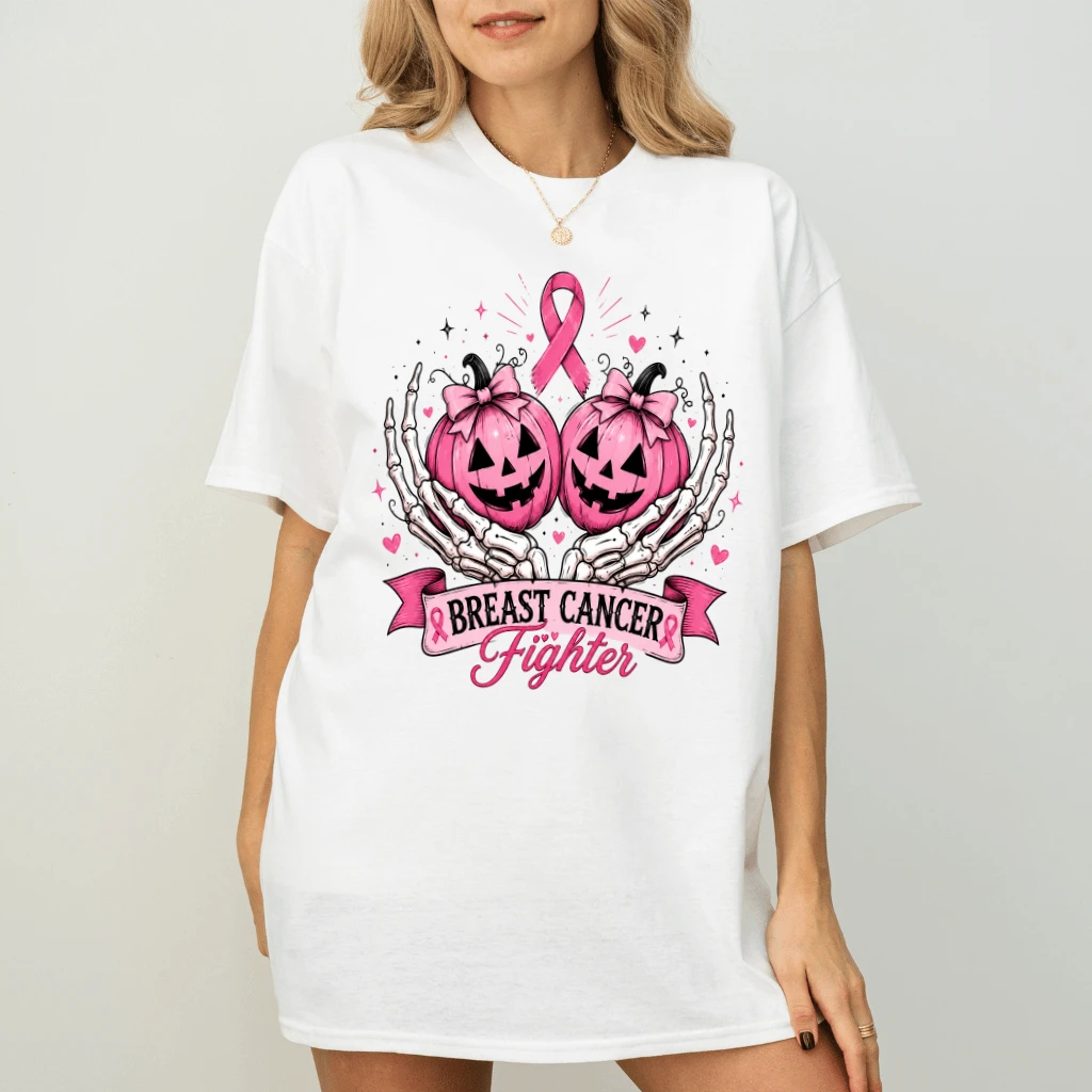 Pink Pumpkin Breast Cancer Fighter T-shirt| Pink Halloween Gift for Her - back view