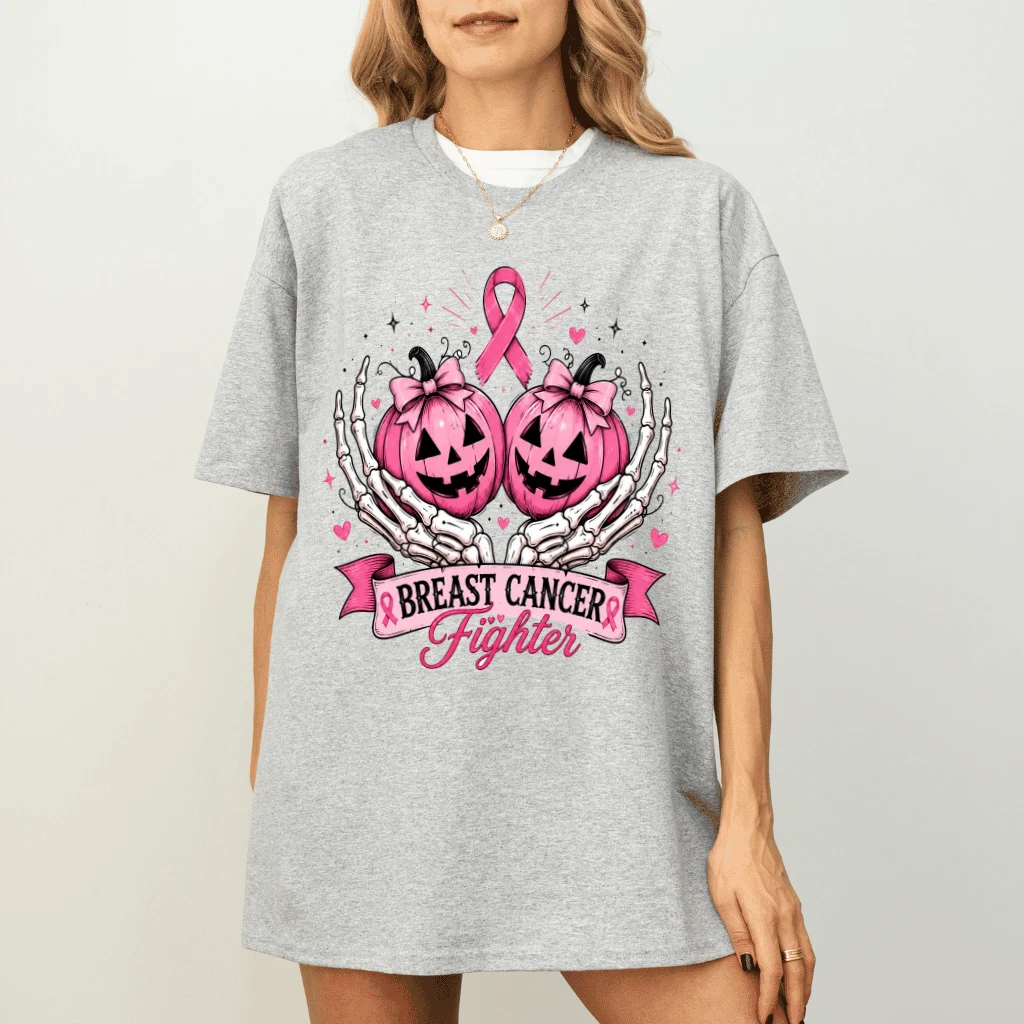 Pink Pumpkin Breast Cancer Fighter T-shirt| Pink Halloween Gift for Her - detail view