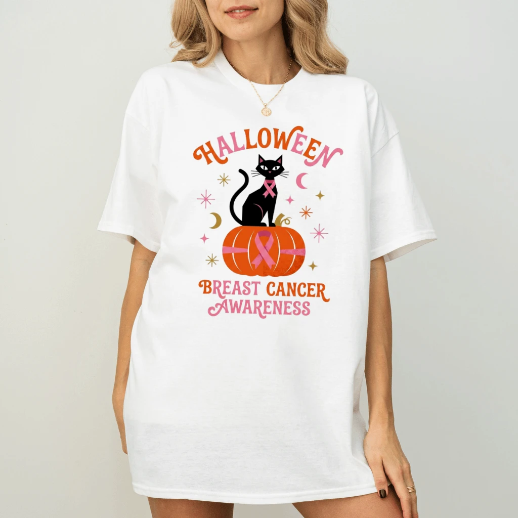 Cute Black Cat Breast Cancer Awareness Halloween T-shirt| Funny Pink Halloween Gift for Her - back view