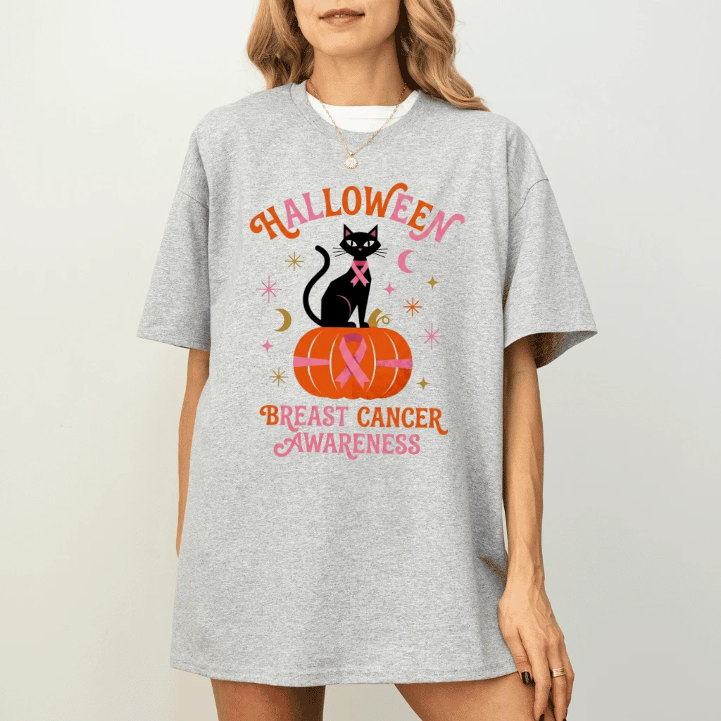 Cute Black Cat Breast Cancer Awareness Halloween T-shirt| Funny Pink Halloween Gift for Her - detail view