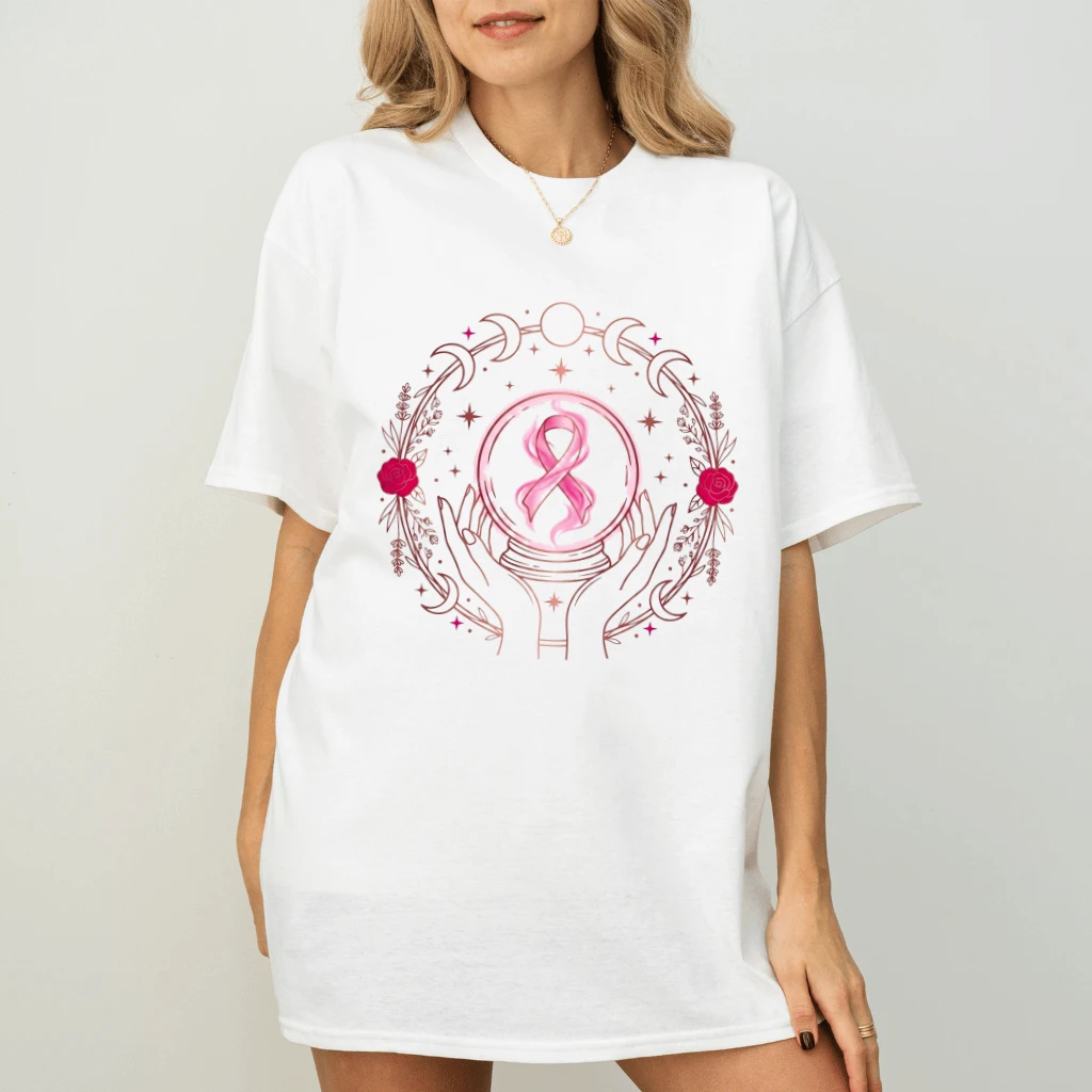 Witchy Crystal Ball Pink Ribbon Halloween T-shirt| Witchy Breast Cancer Awareness Gift for Her - back view