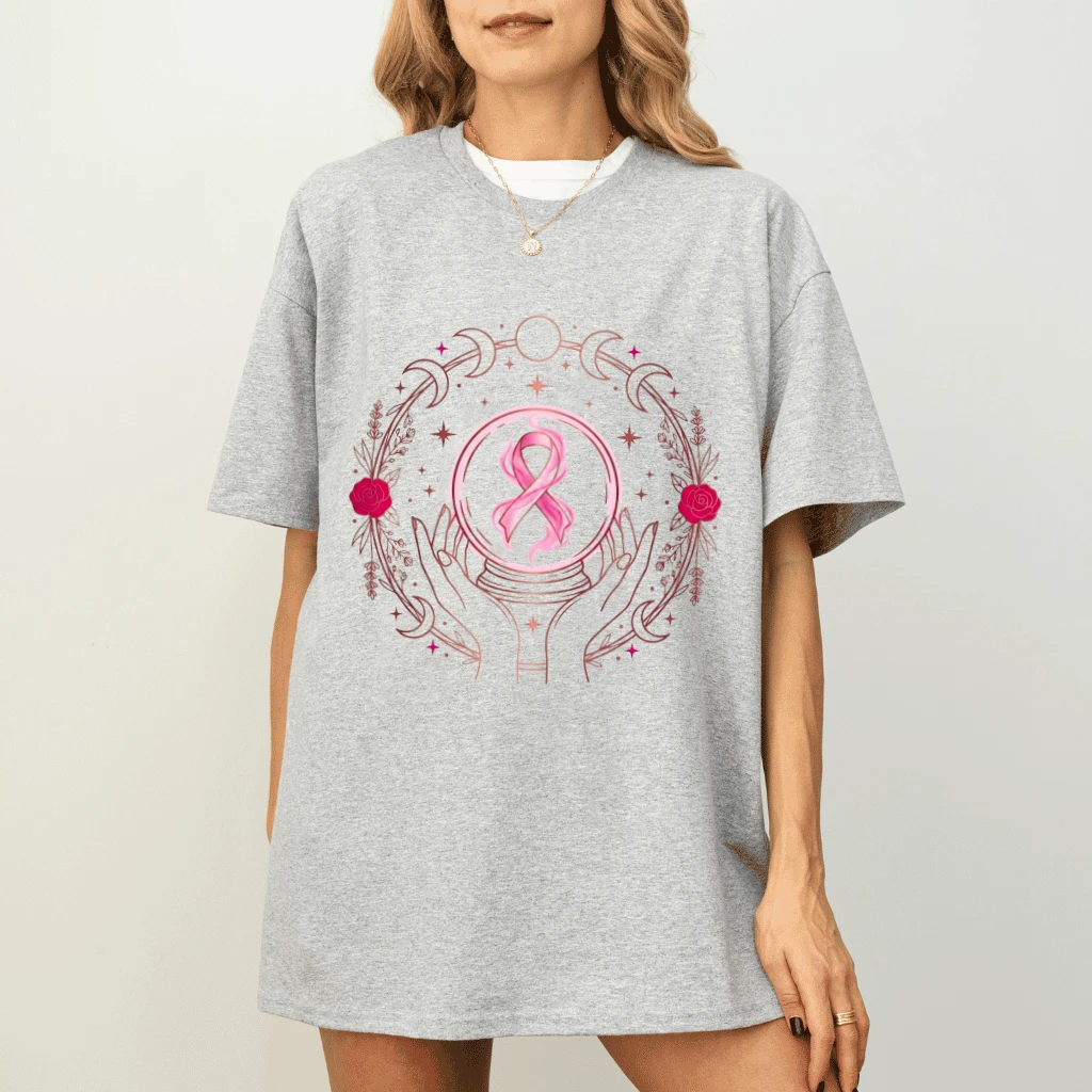 Witchy Crystal Ball Pink Ribbon Halloween T-shirt| Witchy Breast Cancer Awareness Gift for Her - detail view
