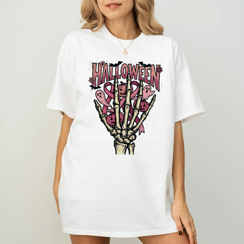 Pink Ribbon Skeleton Hand Halloween T-shirt| Spooky Breast Cancer Awareness Gift for Her - back view