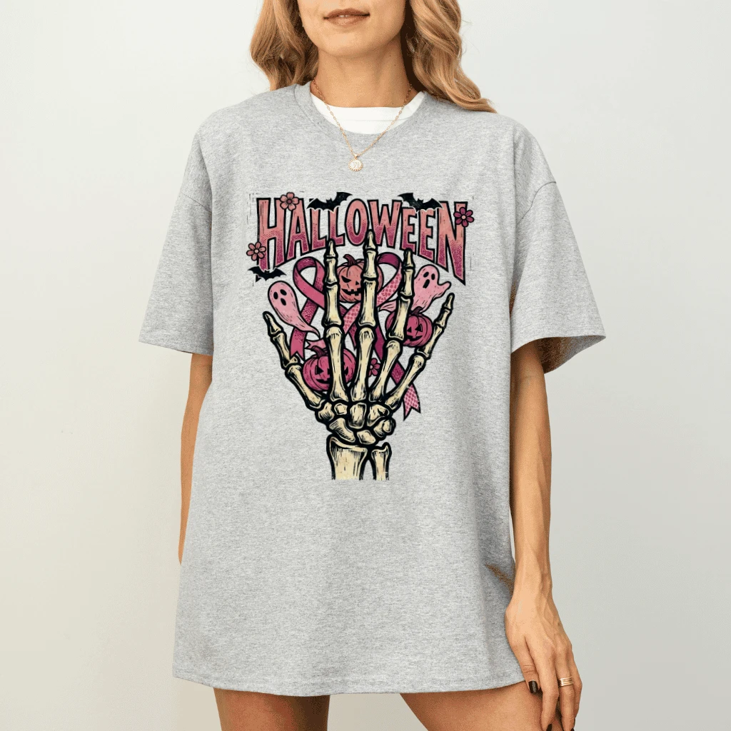 Pink Ribbon Skeleton Hand Halloween T-shirt| Spooky Breast Cancer Awareness Gift for Her - detail view
