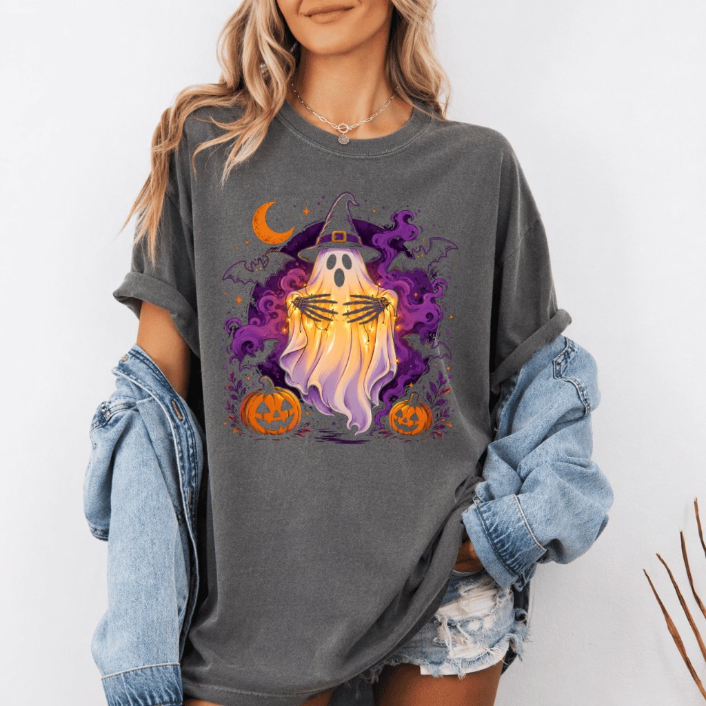 Comfort Colors Skeleton Hands Halloween Witch Ghost Shirt | Funny Halloween Boo Gift for Him & Her - detail view