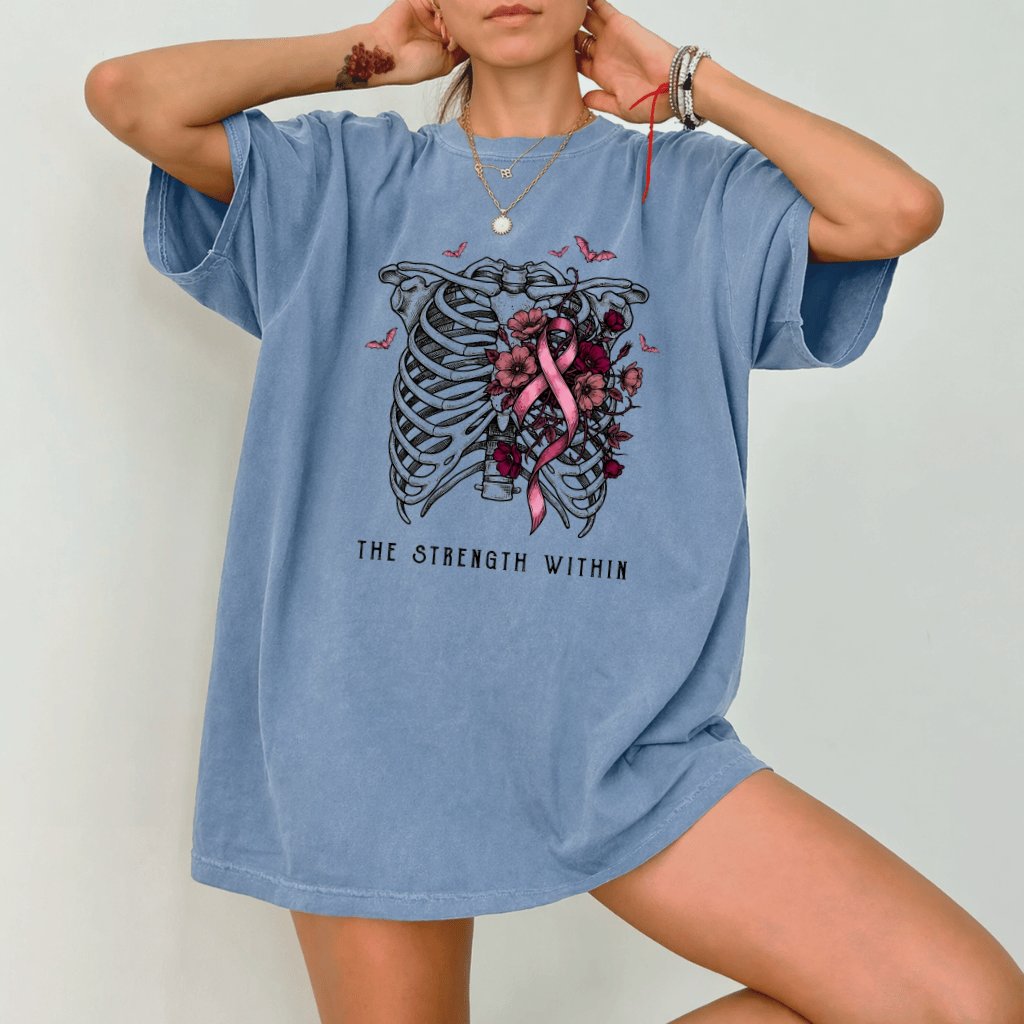 Comfort Colors The Strength Within Skeleton Ribcage Gothic Breast Cancer Awareness Shirt for Women - detail view