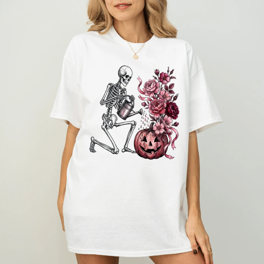 Spooky Skeleton Watering Floral Pumpkin Breast Cancer Awareness T-shirt| October Pink Ribbon Gift for Her - back view