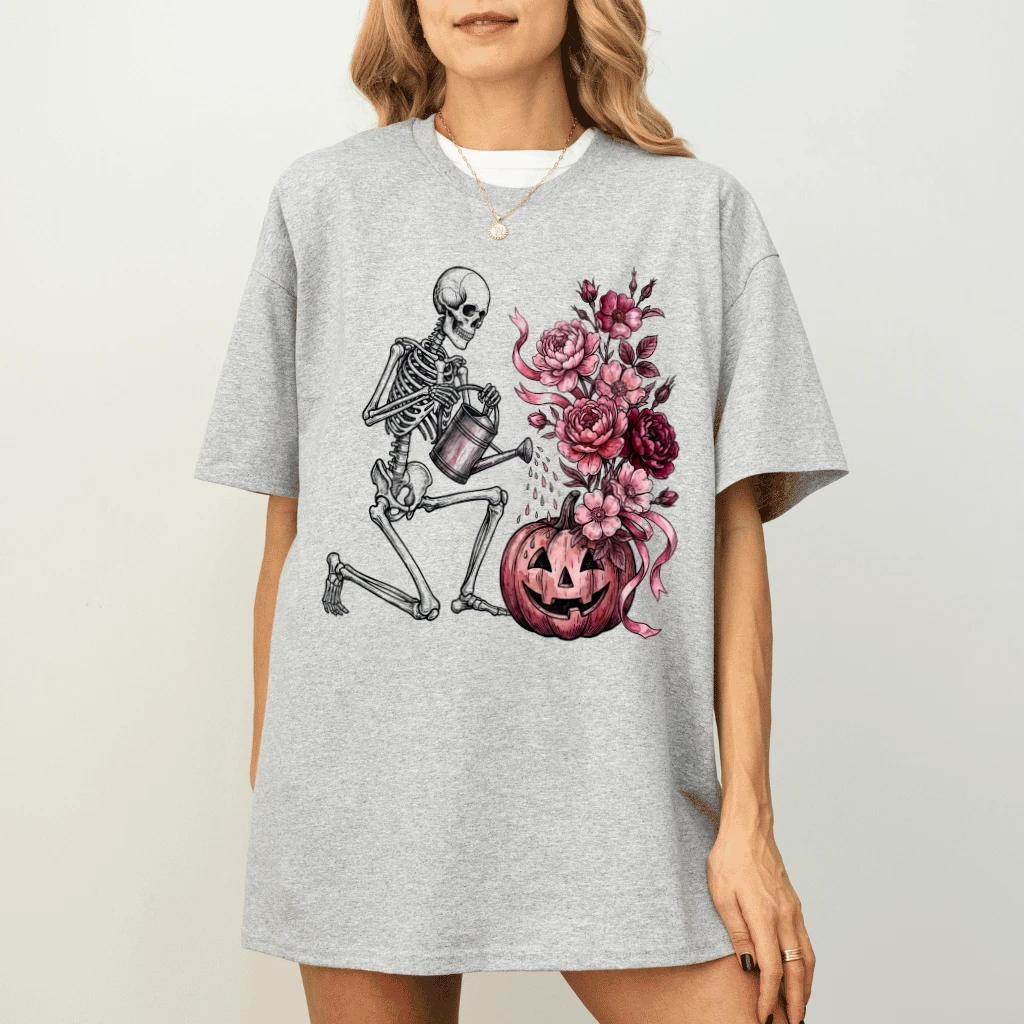 Spooky Skeleton Watering Floral Pumpkin Breast Cancer Awareness T-shirt| October Pink Ribbon Gift for Her - detail view