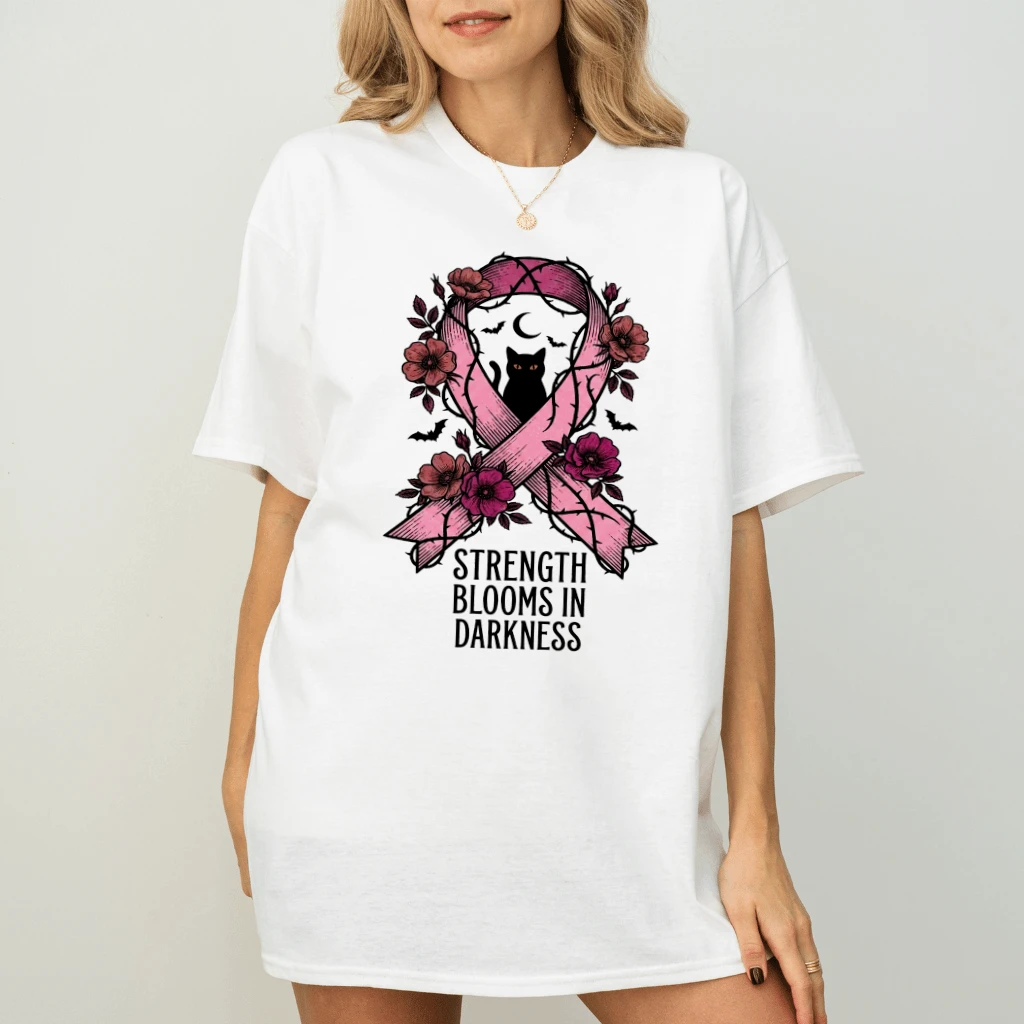 Strength Blooms In Darkness Black Cat Pink Ribbon T-shirt | Breast Cancer Halloween Gift for Her - back view