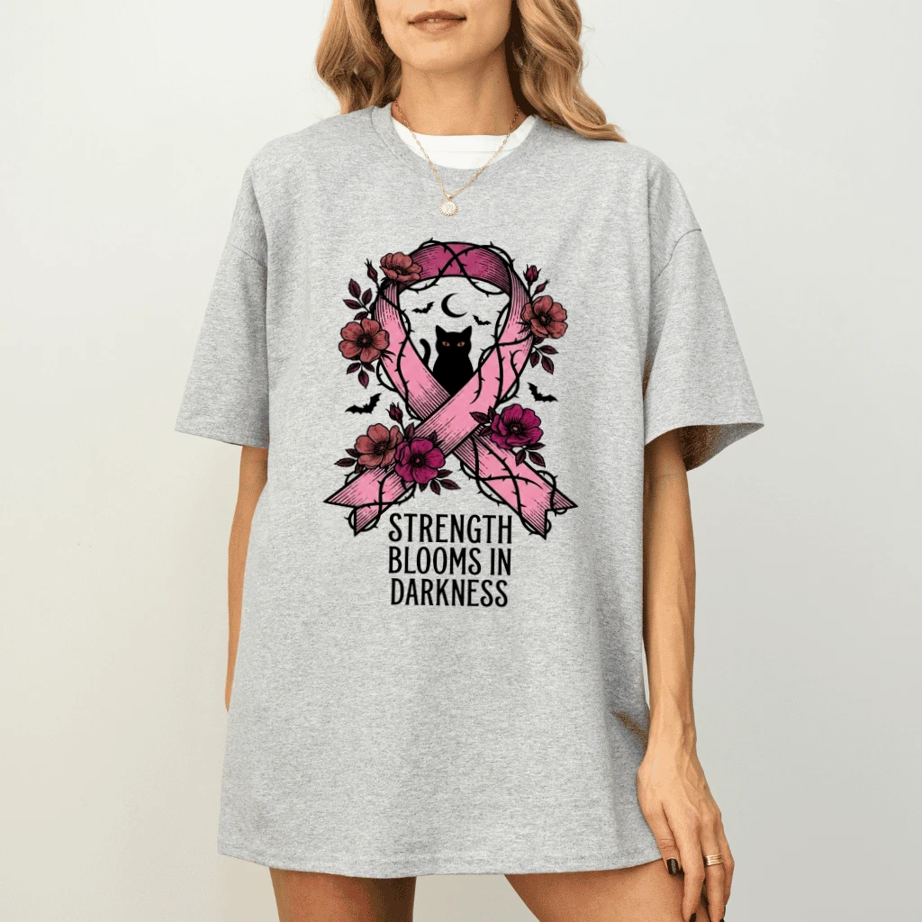 Strength Blooms In Darkness Black Cat Pink Ribbon T-shirt | Breast Cancer Halloween Gift for Her - detail view