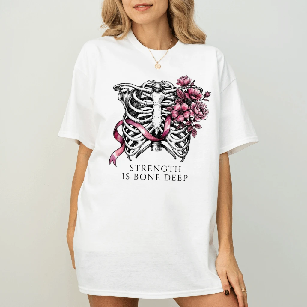 Strength Is Bone Deep Breast Cancer T-shirt | Skeleton Ribcage Pink Ribbon Gift for Cancer Survivor Fighter - back view