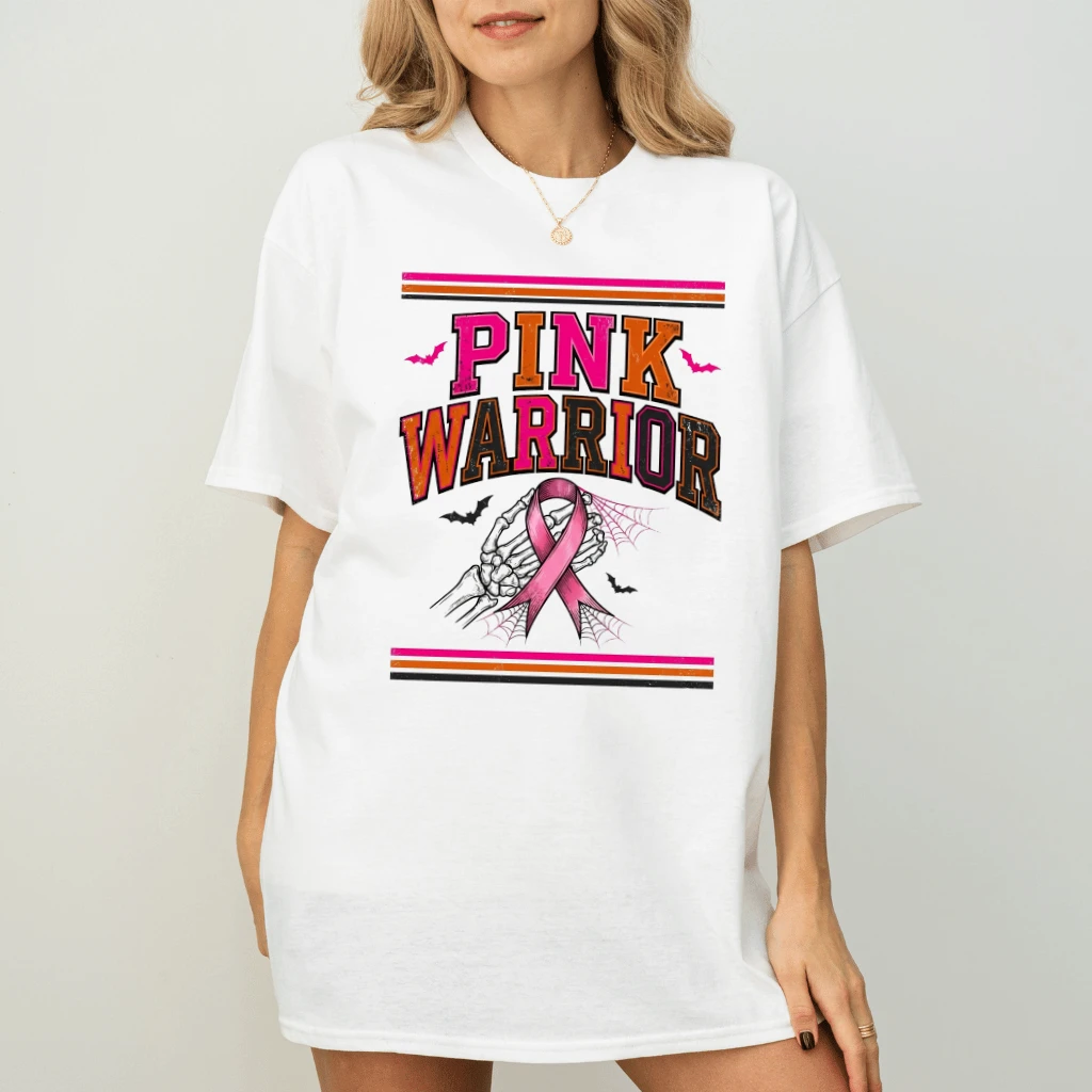 Pink Warrior Spooky Skeleton Hand with Pink Ribbon T-shirt | Pink Halloween Gift for Breast Cancer Fighters - back view