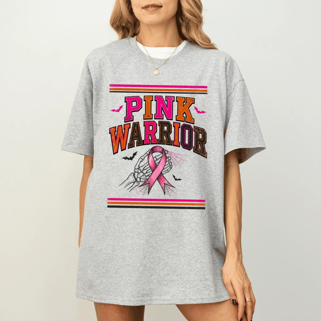 Pink Warrior Spooky Skeleton Hand with Pink Ribbon T-shirt | Pink Halloween Gift for Breast Cancer Fighters - detail view