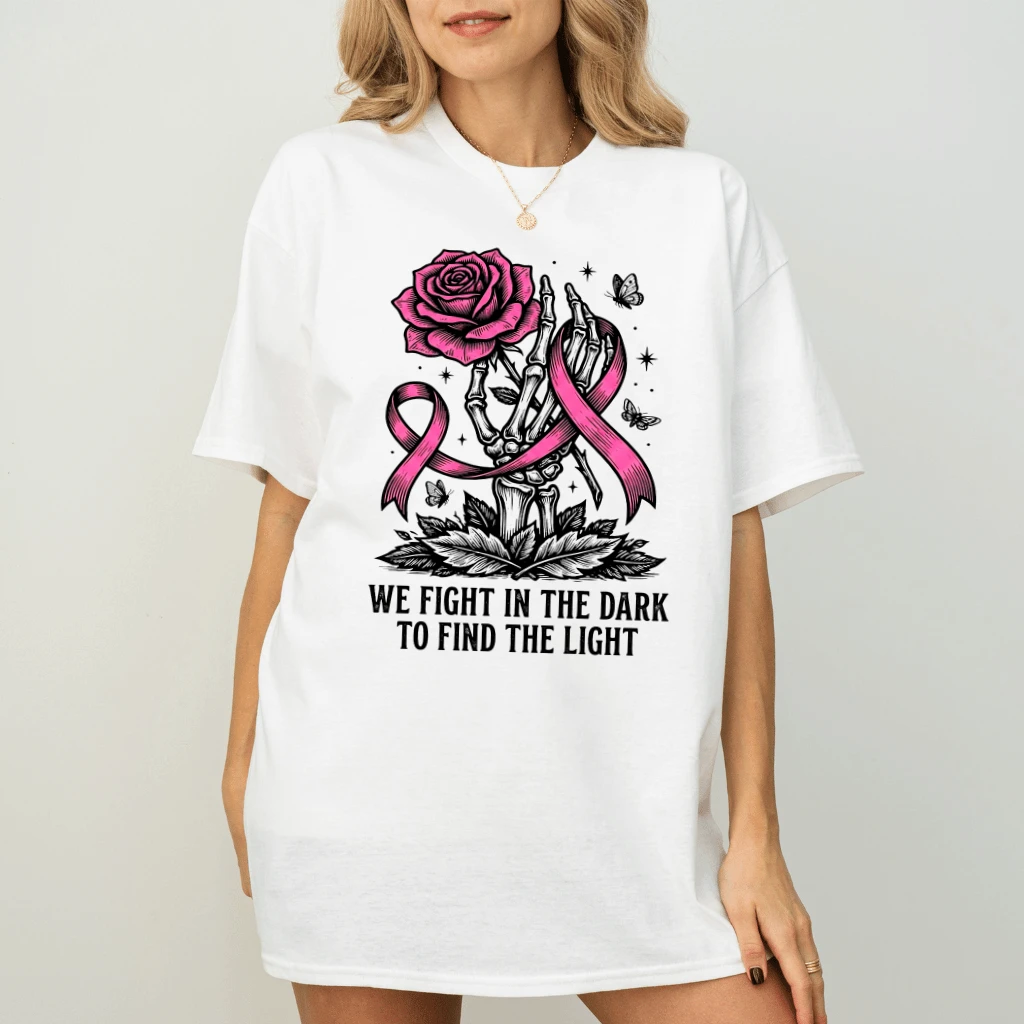 We Fight In The Dark Floral Pink Ribbon T-shirt| Breast Cancer Awareness Gift for Her - back view