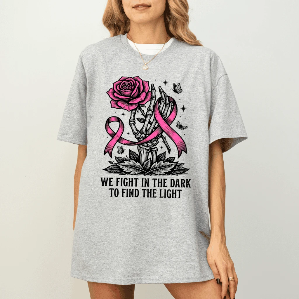 We Fight In The Dark Floral Pink Ribbon T-shirt| Breast Cancer Awareness Gift for Her - detail view