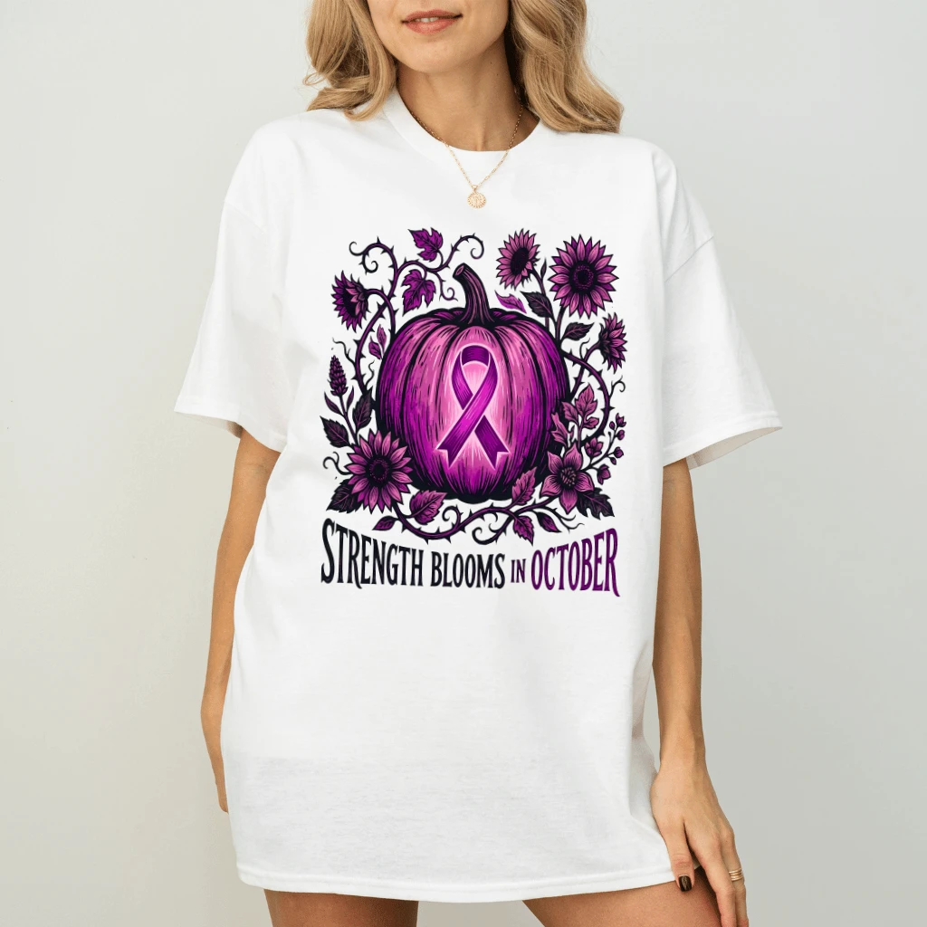 Strength Blooms In October Pink Ribbon Pumpkin T-shirt for Women | Cute Breast Cancer Awareness Gift - back view